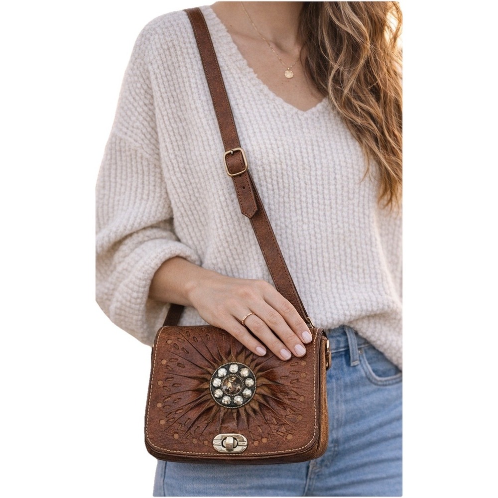 Vintage Leather Crossbody Bag Brown Tooled Western Boho Concho Stone